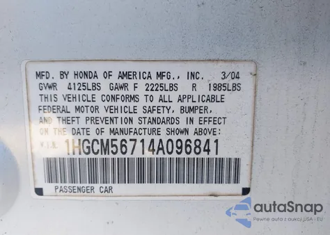 2004 Honda Accord 2.4 Ex from USA, damaged, VIN 1HGCM56714A096841